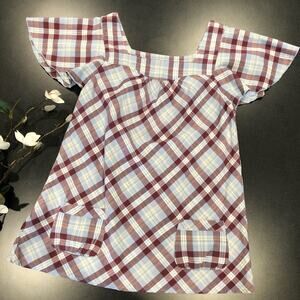 Kirra Plaid Woven Flutter Sleeve Peasant Trapeze Top Cotton Square Neckline